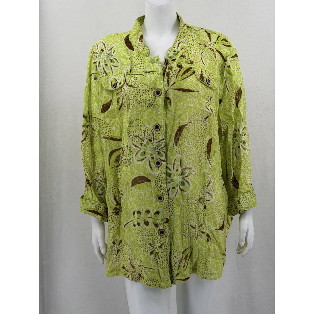 Multiples Top Womens 3X Green Floral Boho Sheer Button Up Earthy Artsy Summer